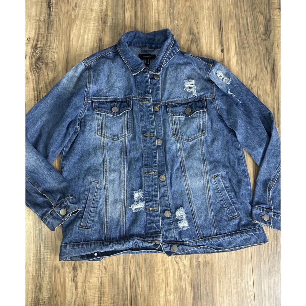 Forever 21+ Womens 1X Denim Jacket Button Up Blue Ripped